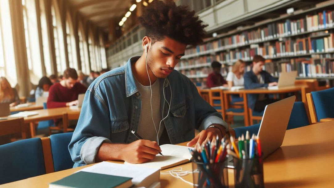 A student studying at a desk in a library. They have a computer in front of them and are writing in a notebook