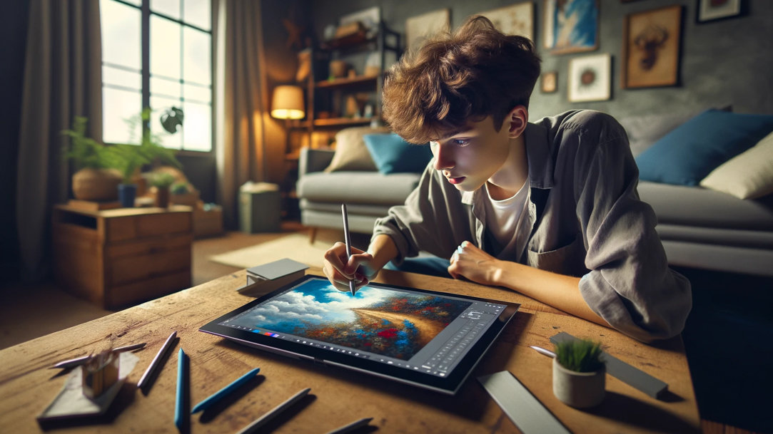 A teenage boy digitally painting on his laptop