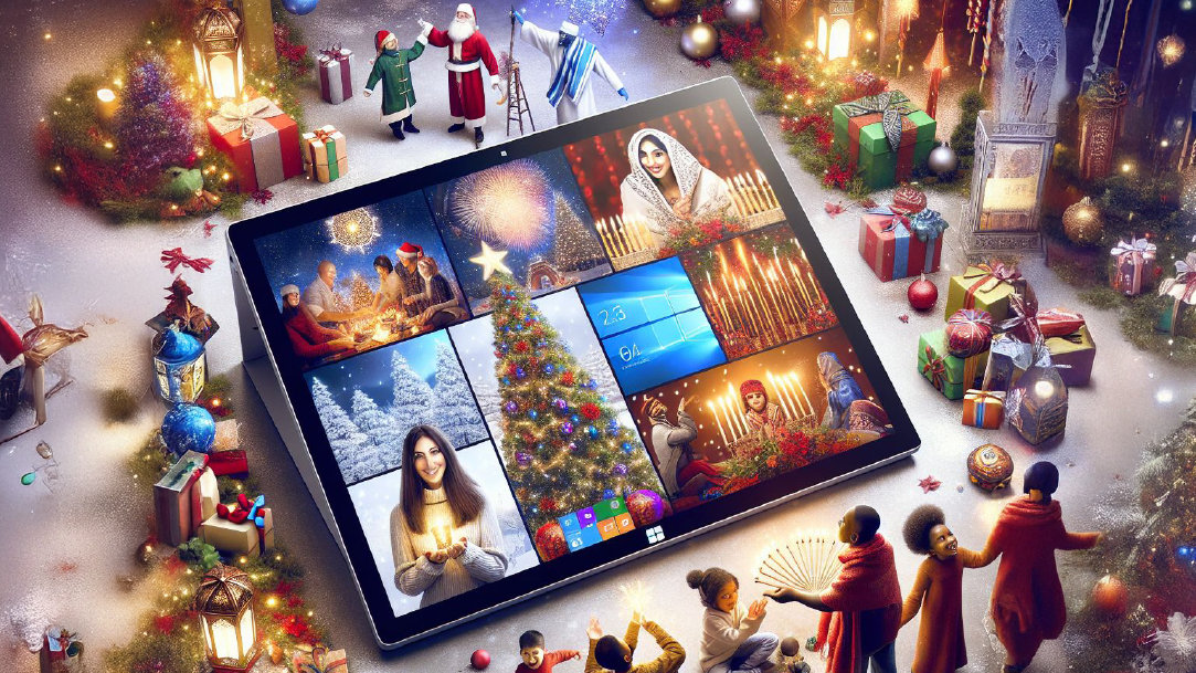 A video call on a device, including imagery of holiday symbols, cheer, and people from around the world