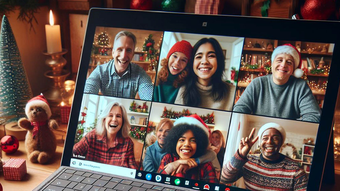 A video call on a laptop that shows a festive gathering of friends and family