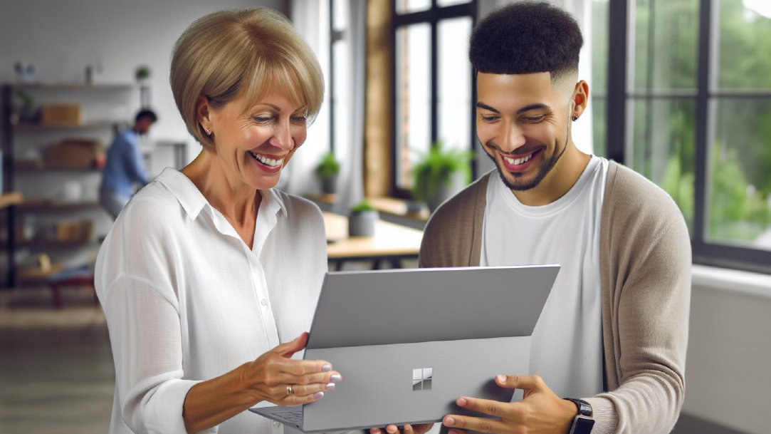 A woman and a man happy with their new Surface, Copilot+ PC