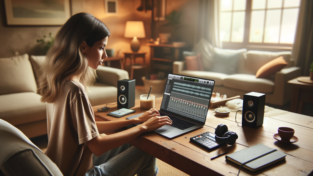 A woman mixing music on a laptop at home