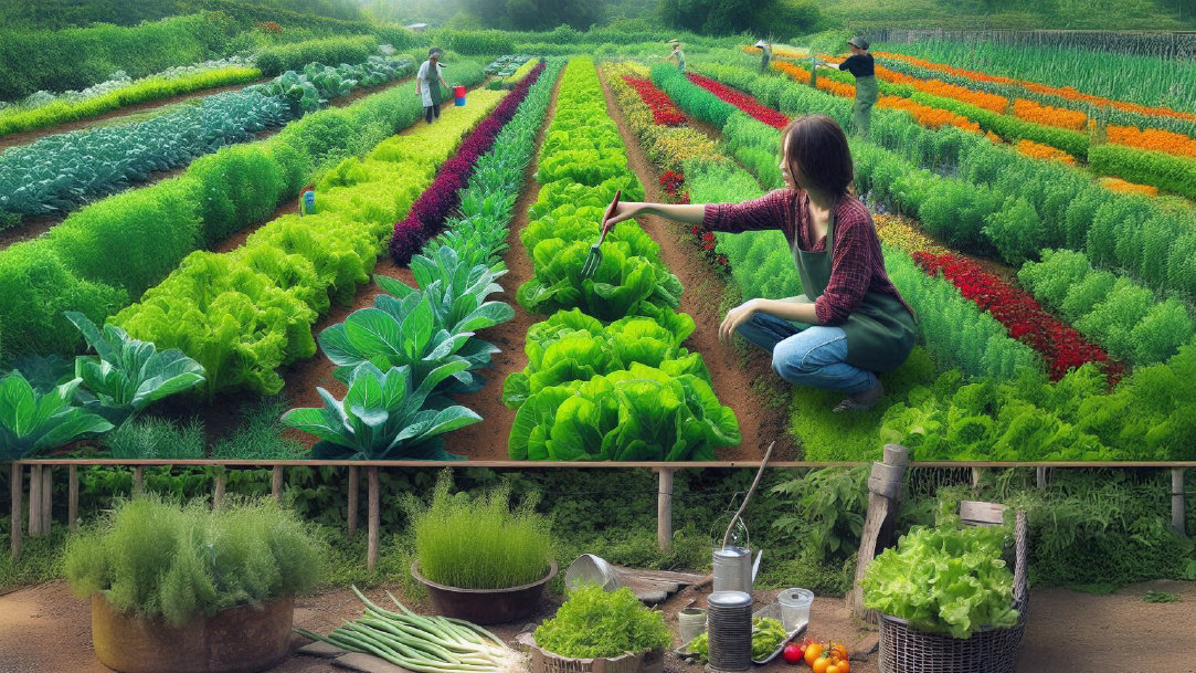 A woman tending plants in a vegetable garden