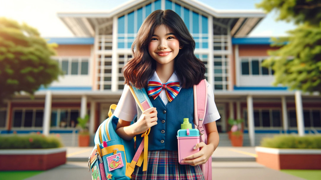 A young girl ready for the first day of school