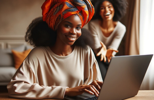 African-American woman typing on a computer and smiling