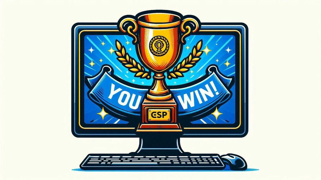 An illustration of a gold trophy superimposed over a blue banner with the words “you Win!” emblazoned on the fabric. The trophy and banner appear to emerge from a computer screen