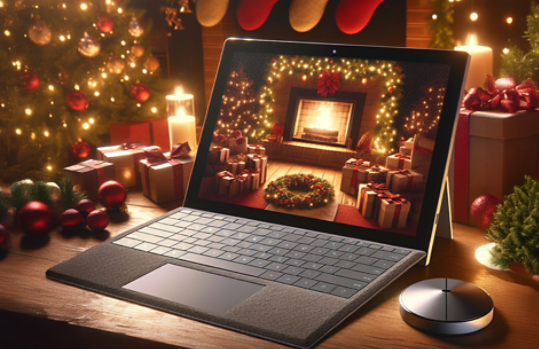 An image of Surface Dial and a Surface laptop in a cozy holiday setting at home