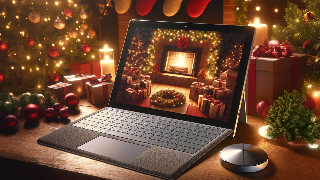 An image of Surface Dial and a Surface laptop in a cozy holiday setting at home