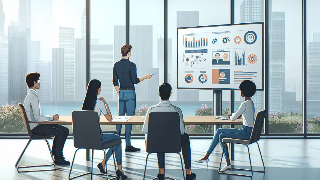 An image of a team in a conference room using a large display for their meeting with others