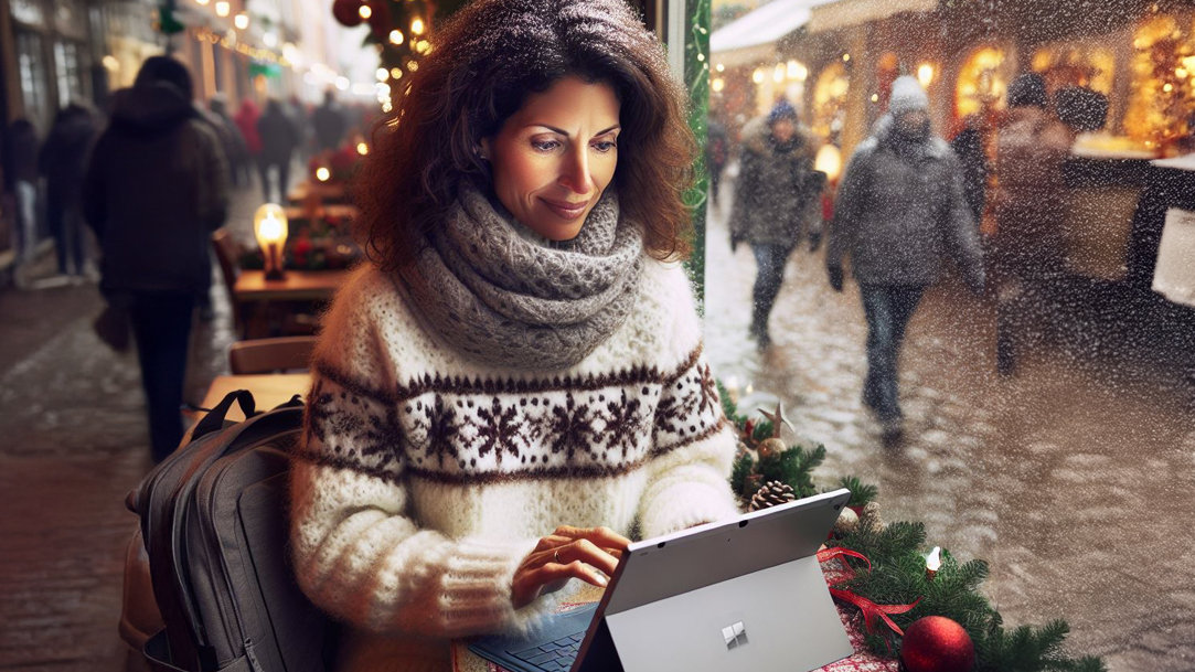 An image of a woman wearing a wintery scarf and sweater and using a Surface Pro in a cozy cafe with holiday decorations with people walking past outside of the window