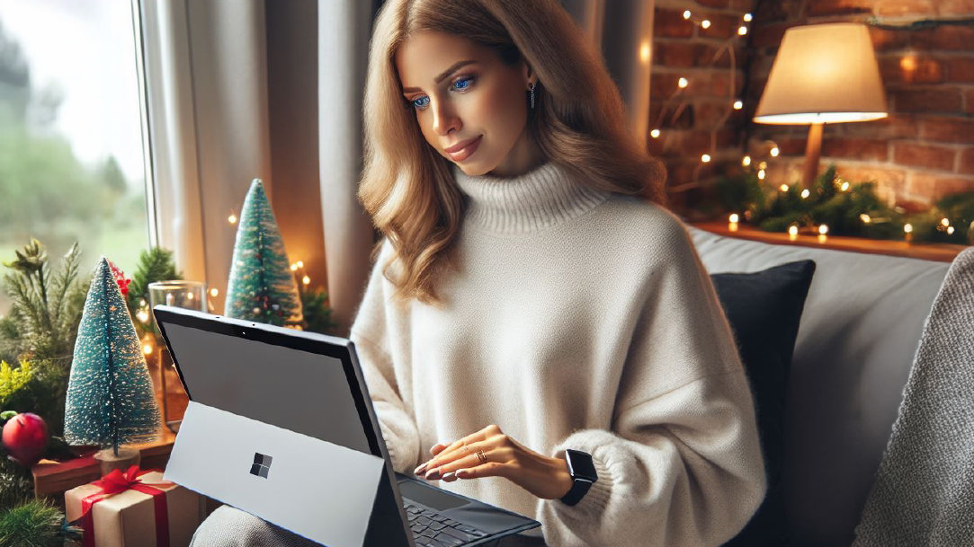 An image that shows a woman shopping online for holiday savings