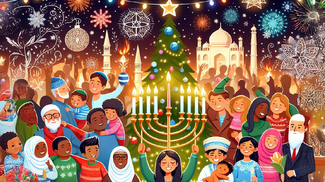 An image that shows holiday symbols, cheer, and people from around the world