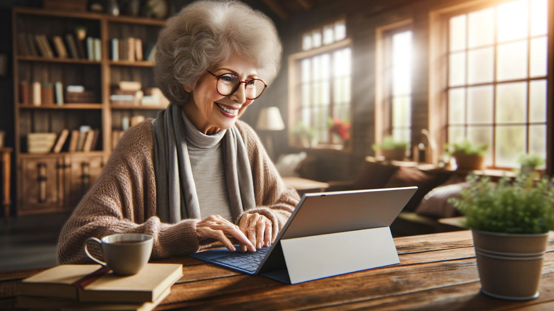 An older woman using a surface device on a desk in a study