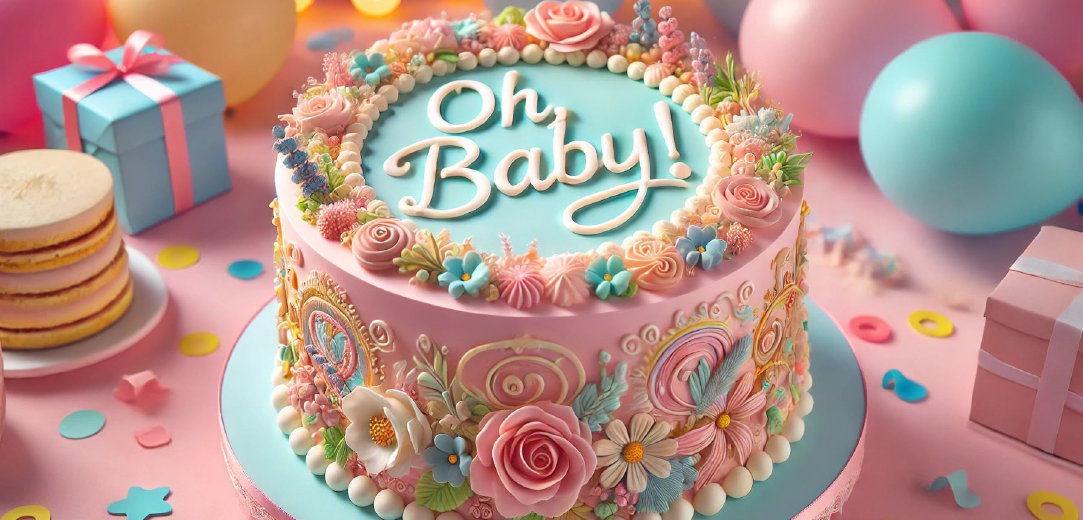 An ornate cake for a baby shower