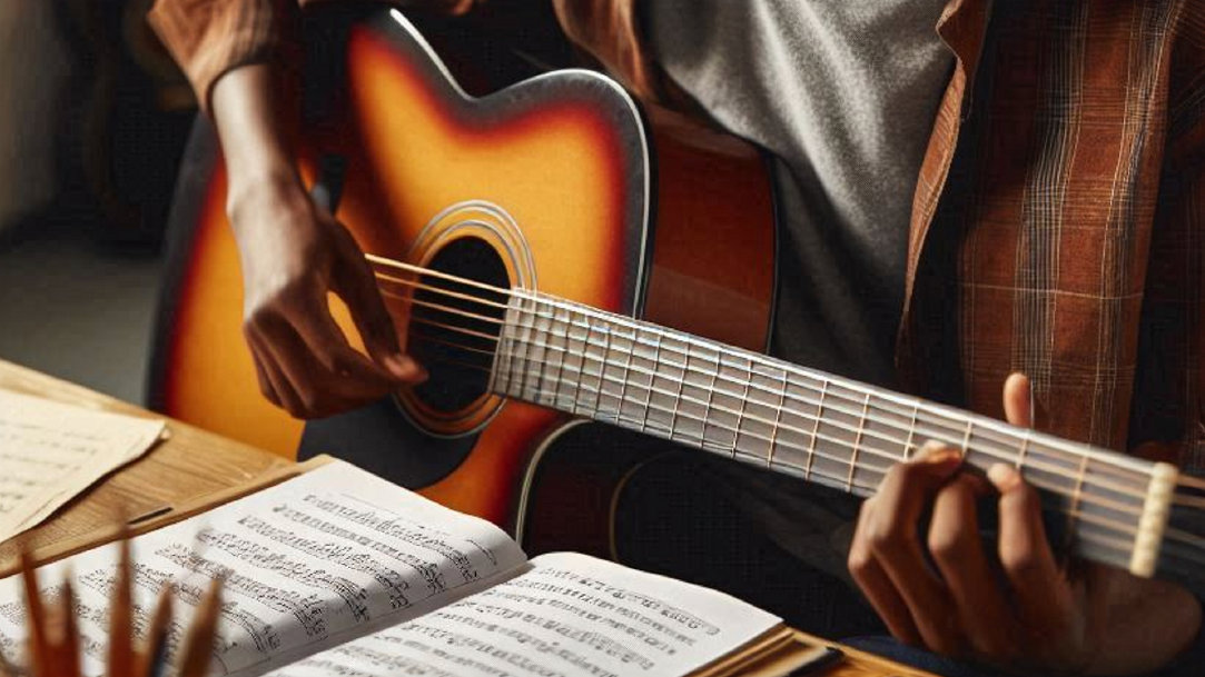 Close-up of a music student’s hand on a guitar with an open book of music sheets on a desk 