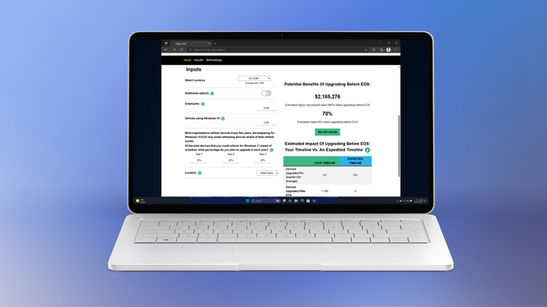 A laptop open with the Forrester End-of-Support Calculator open on the screen.