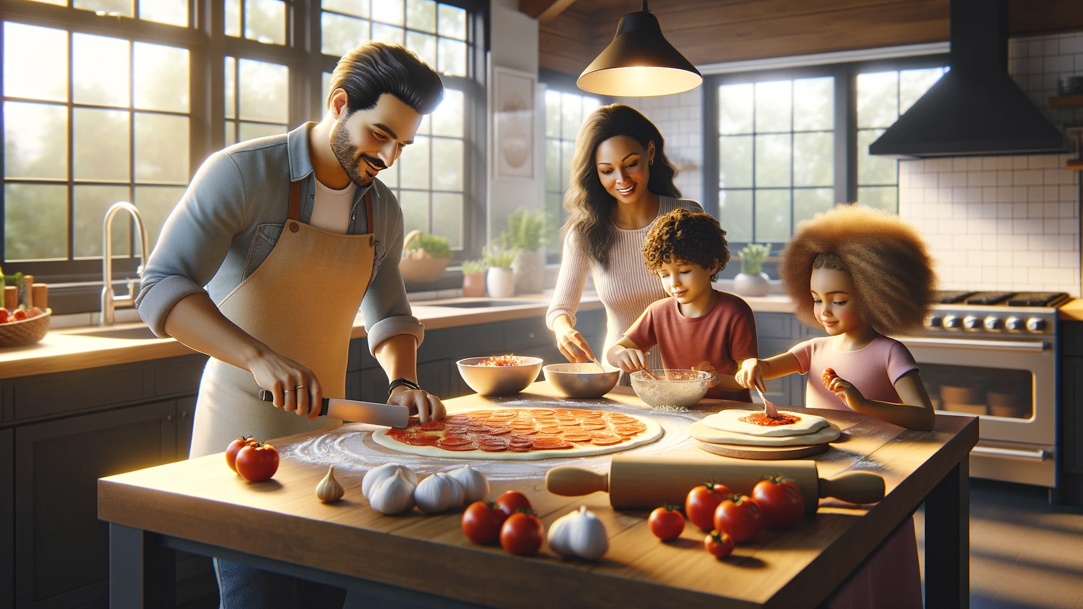 A family making pizza in the kitchen