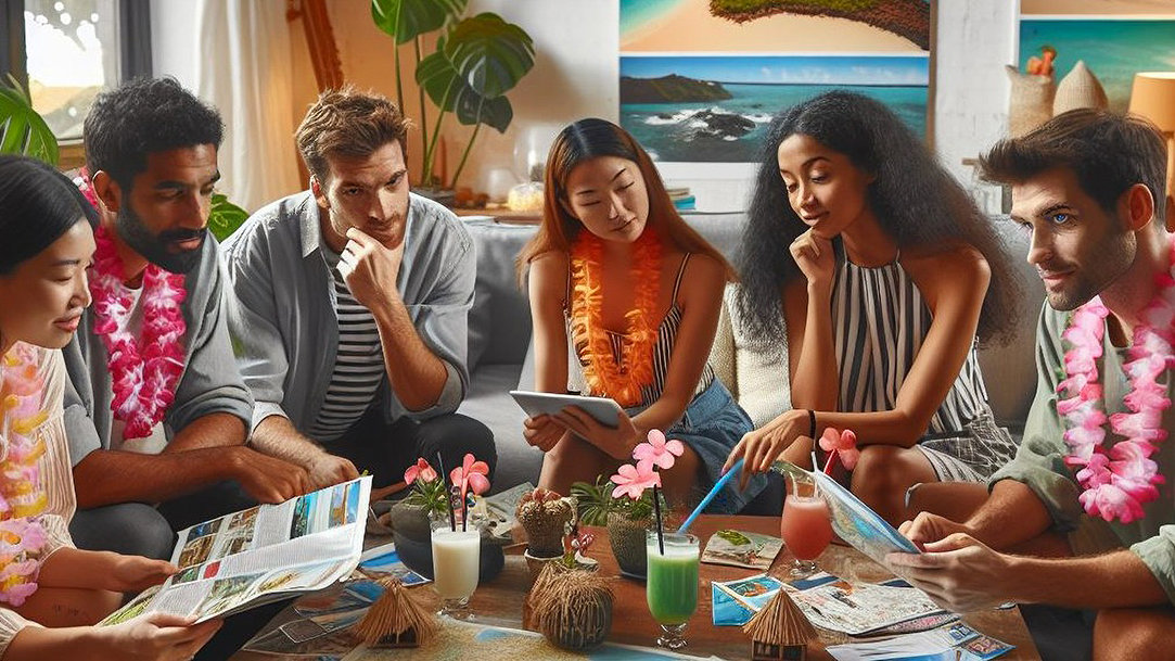 Group of people sitting around a table planning a Hawaiian vacation