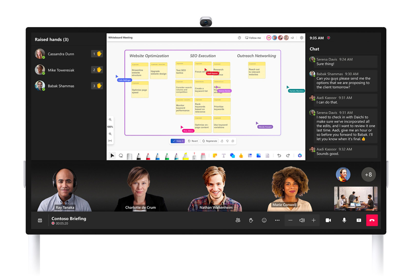 Ein Bild, das den Hub 3 (85-Zoll) bei einem Teams-Anruf bei der gemeinsamen Arbeit zeigt