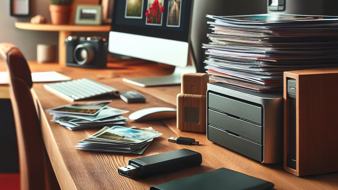 Image of a desk with pictures, a USB thumb drive, a computer, and files sitting on it