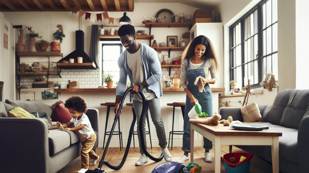 Image of a family doing household chores together