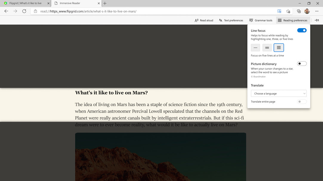 Immersive reader screen in Microsoft Edge