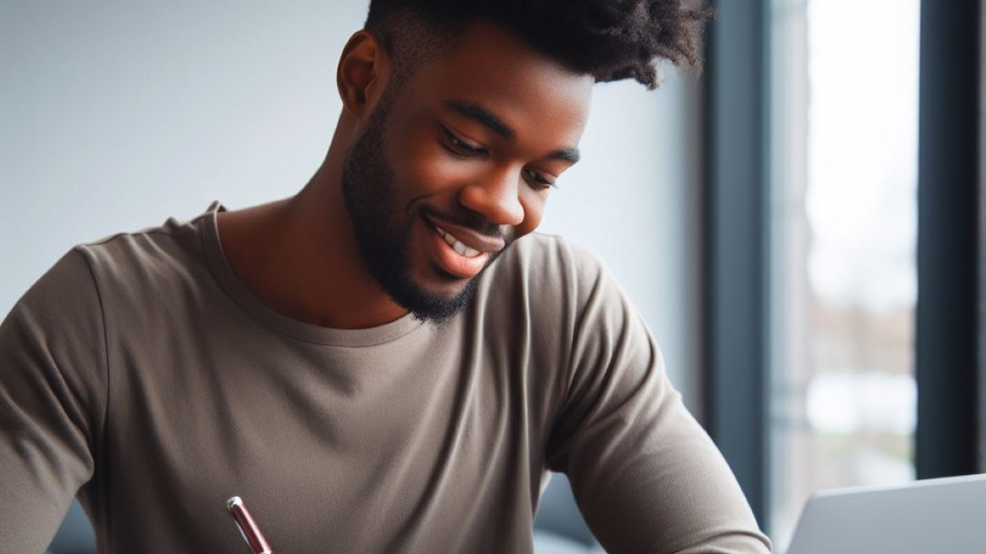 Man studying in front of his laptop and taking notes