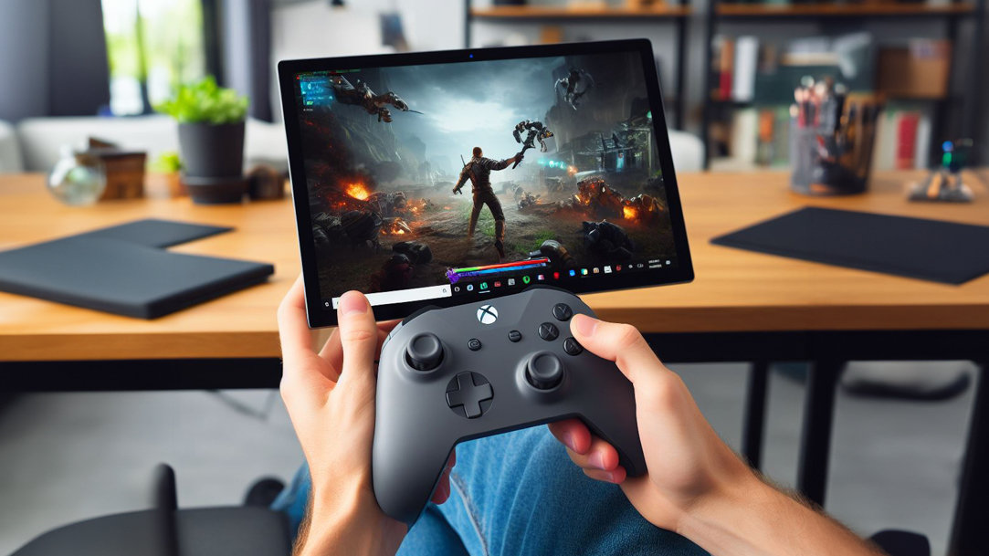 Person holding up Surface screen while gaming with Xbox controller