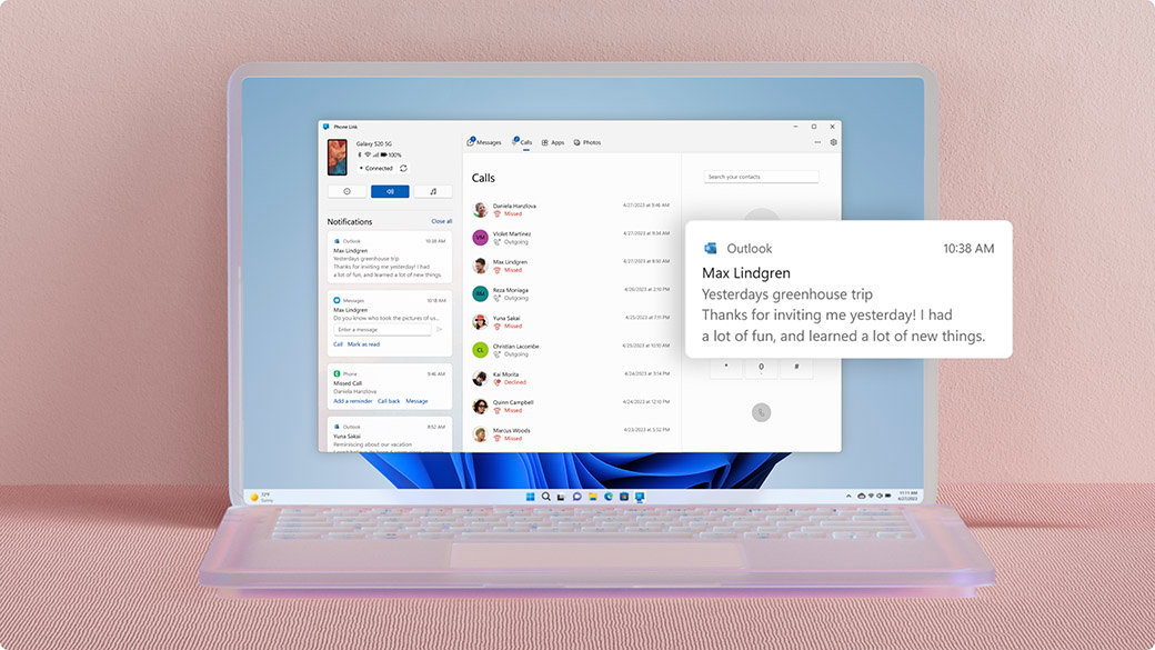 Phone Link windows with Outlook email notifications