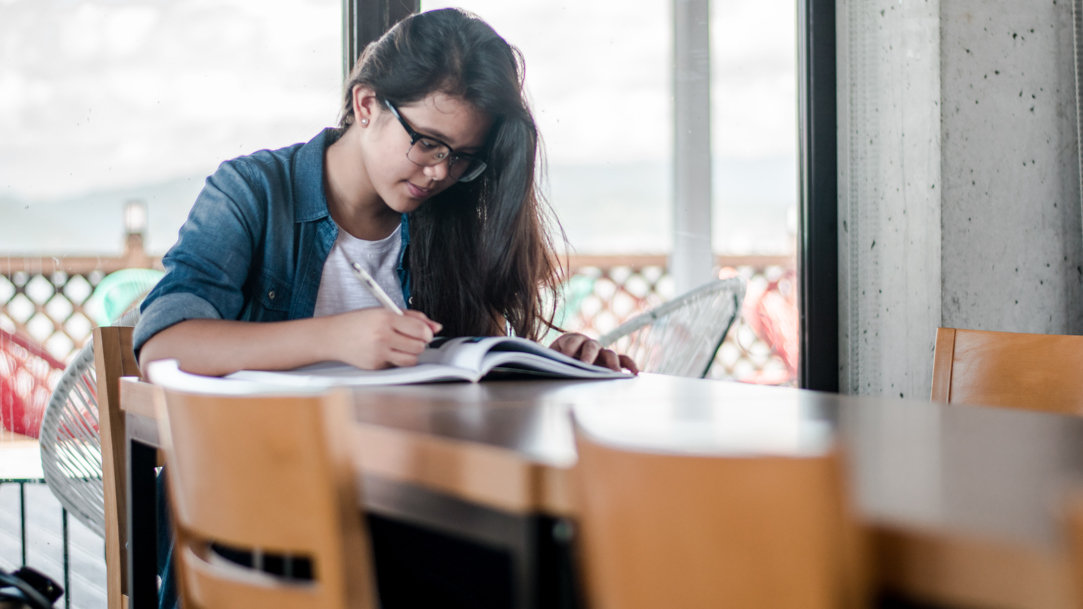 Student studying with book