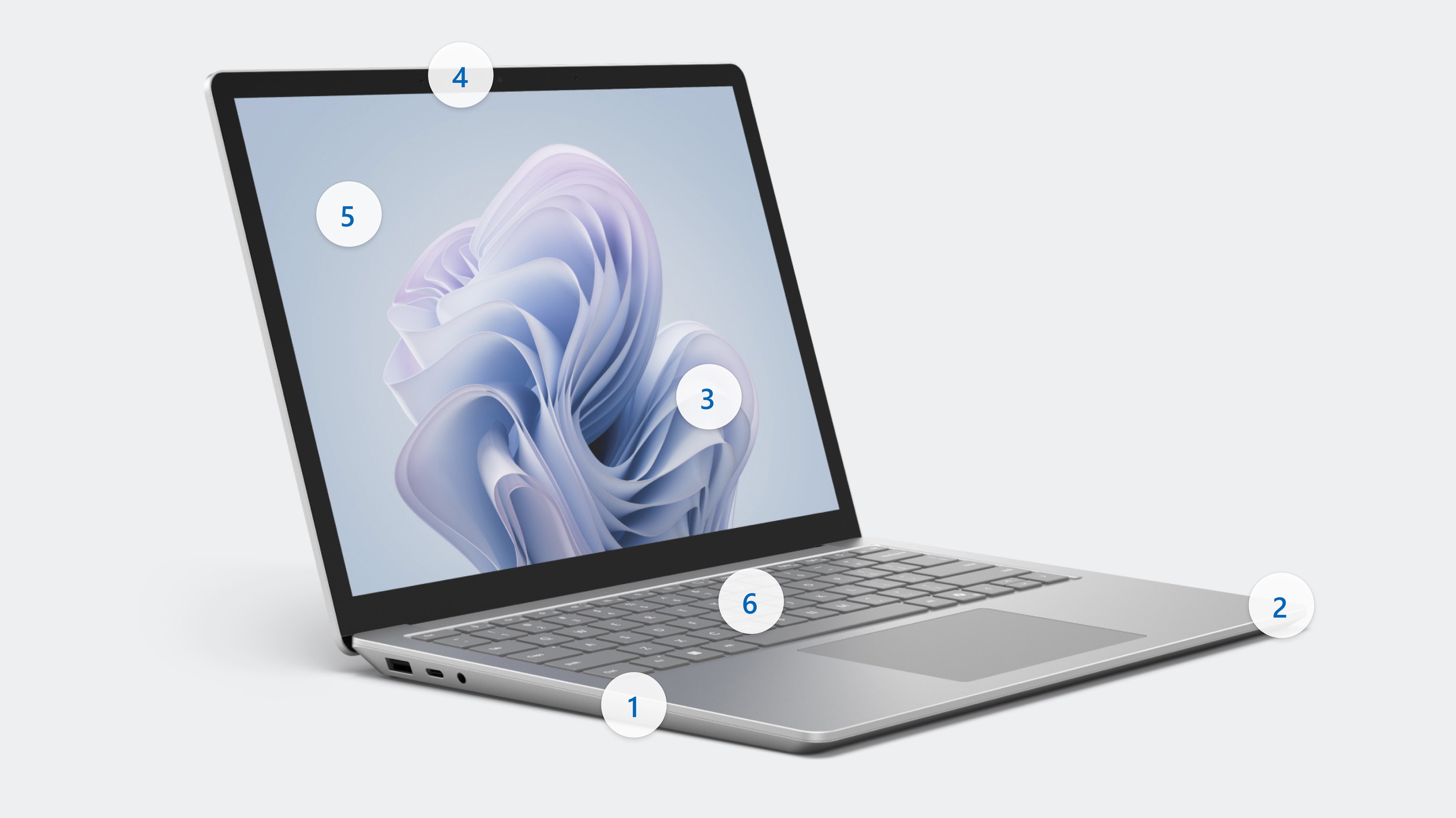 Render of Surface Laptop 6 displaying hotspots 1 through 6