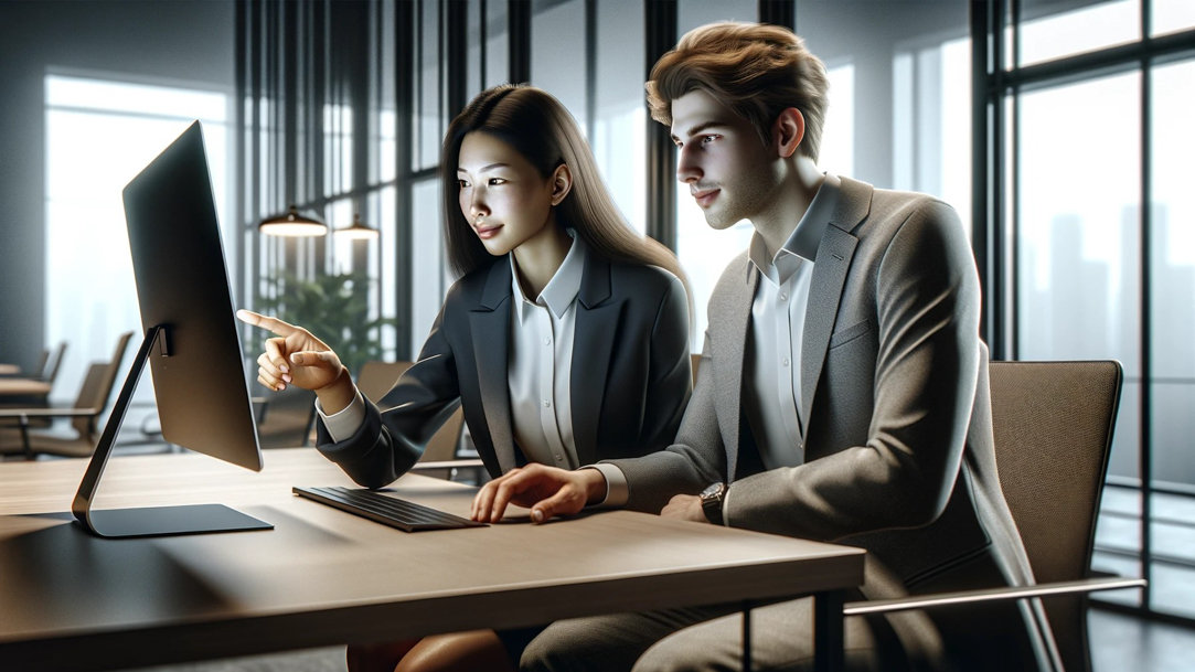 Two people sitting at a computer with one pointing at the screen