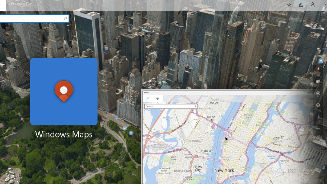 Windows Maps real time traffic with city scene in the background