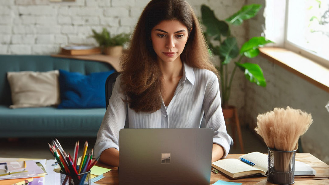 Woman with brown hair working at a laptop