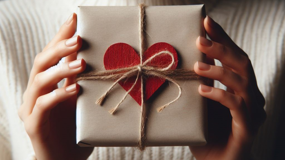 Woman’s hands holding a small gift tied with a sisel string with a red heart on it