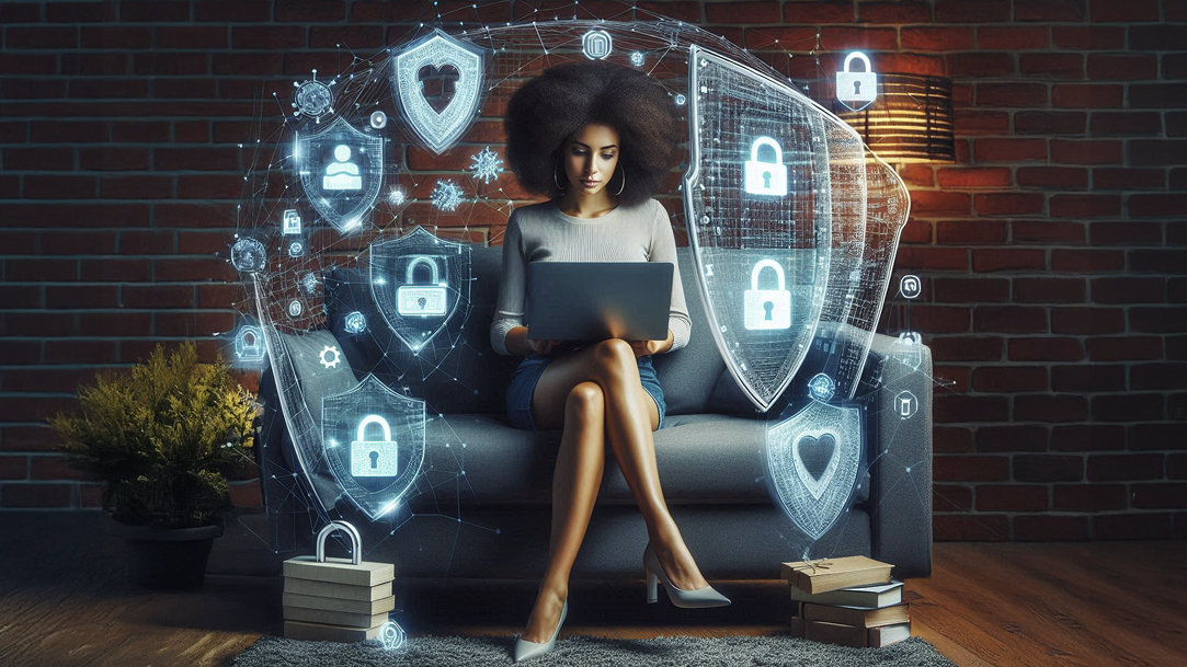 Women sitting on blue couch online shopping with security symbols around her