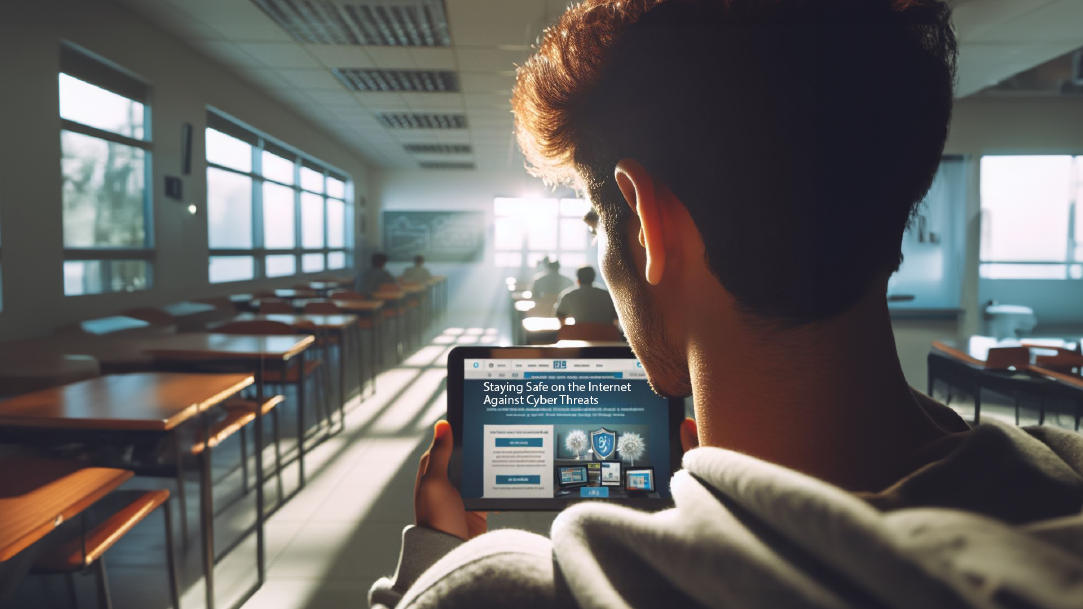 Young man holding a device with a webpage indicating how to stay safe on the internet