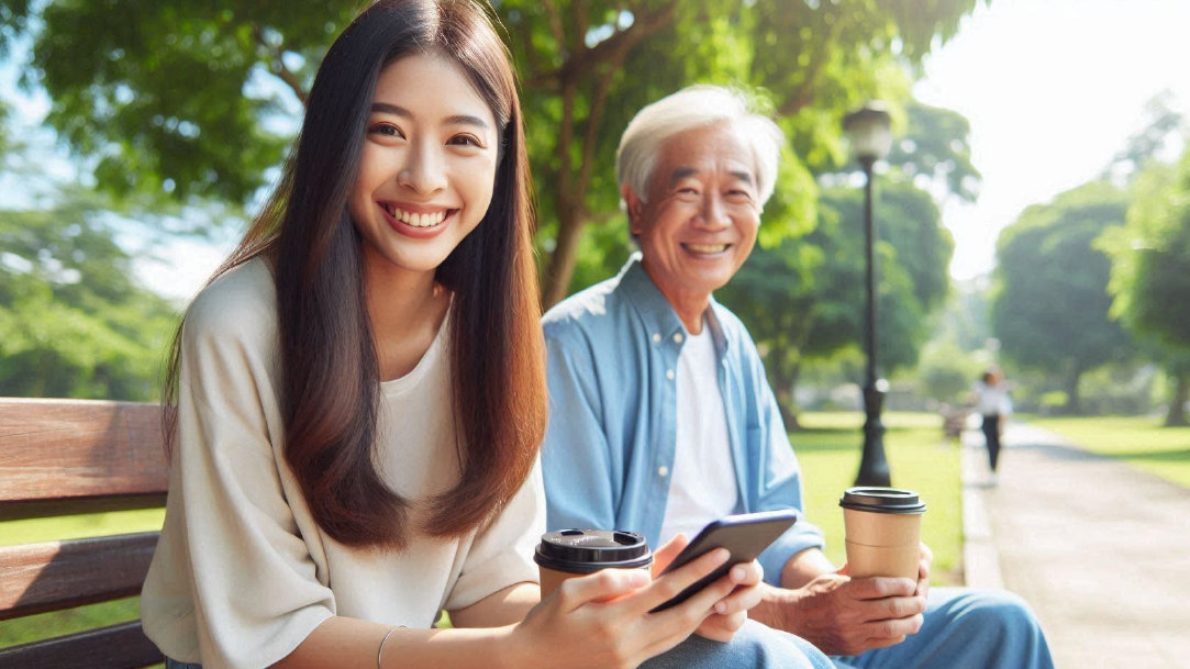 Young woman holding her smartphone sitting next to an older man in a park