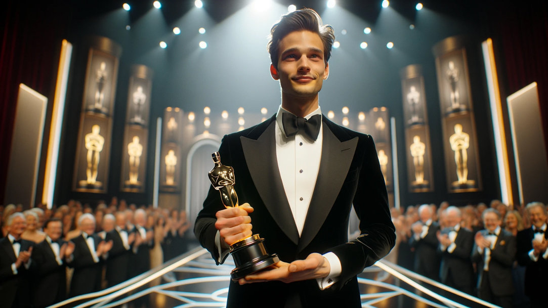 man stands in a theater holding an oscar award