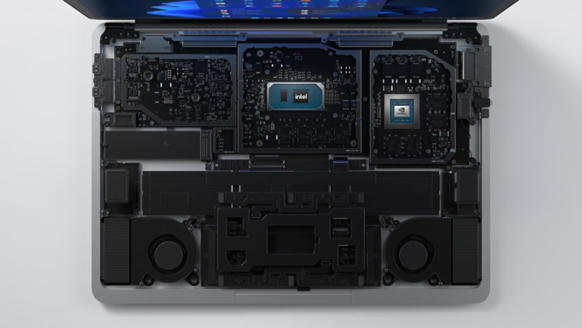 Inside look of a laptop components with keyboard removed.