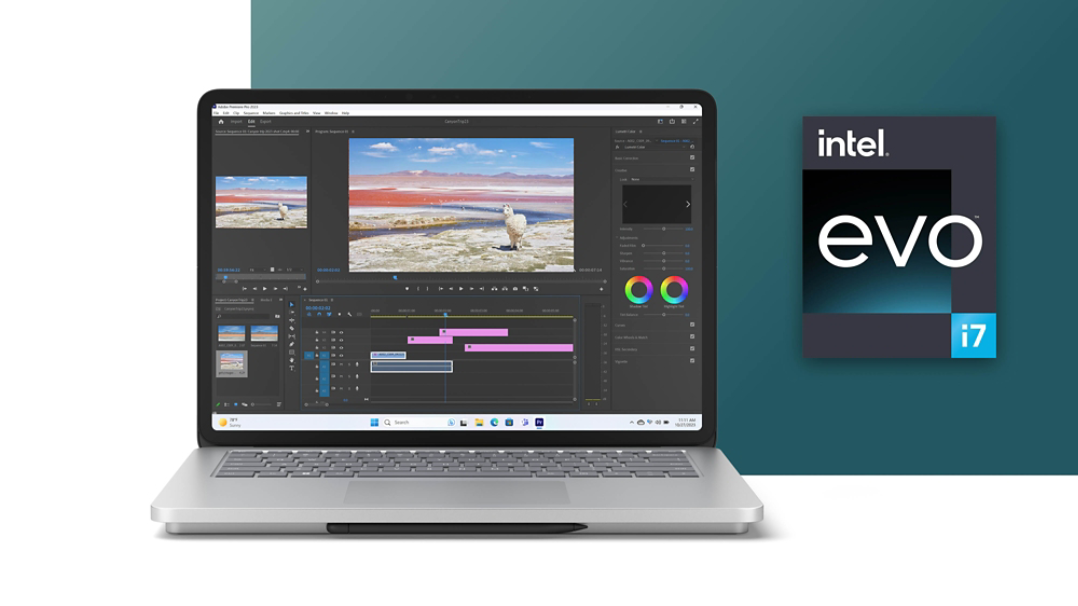 Surface Laptop Studio 2 displaying a Windows bloom screen with an Intel Evo i7 chip image next to the device.