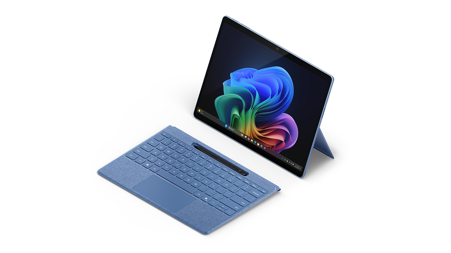 Angle render of Surface Pro in Sapphire with detached keyboard and Slim Pen