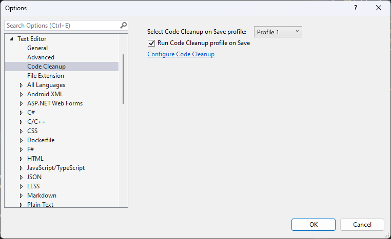 Second item in Options window shows checkbox for Run Code Cleanup profile on Save