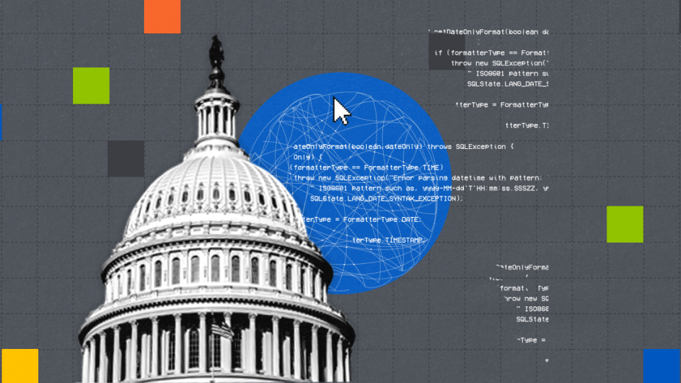 The image features the U.S. Capitol dome in black and white against a digital backdrop. The background includes snippets of computer code overlaid on a grid pattern with colorful squares in yellow, orange, green, and blue. A large circular cursor overlays a blue globe-like pattern, adding a technological theme.