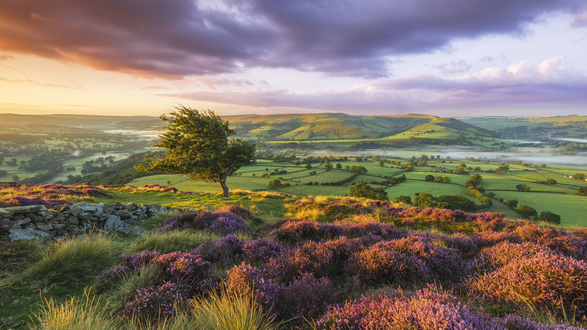 Landscape of the Peak District National park at sunrise, Bamford ...