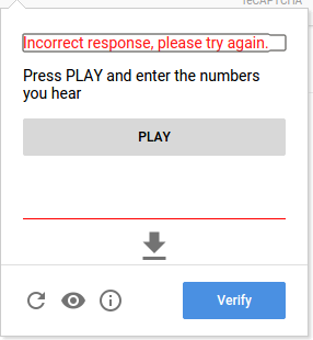 audio challenge after a failed attempt, the focus is set on the error message