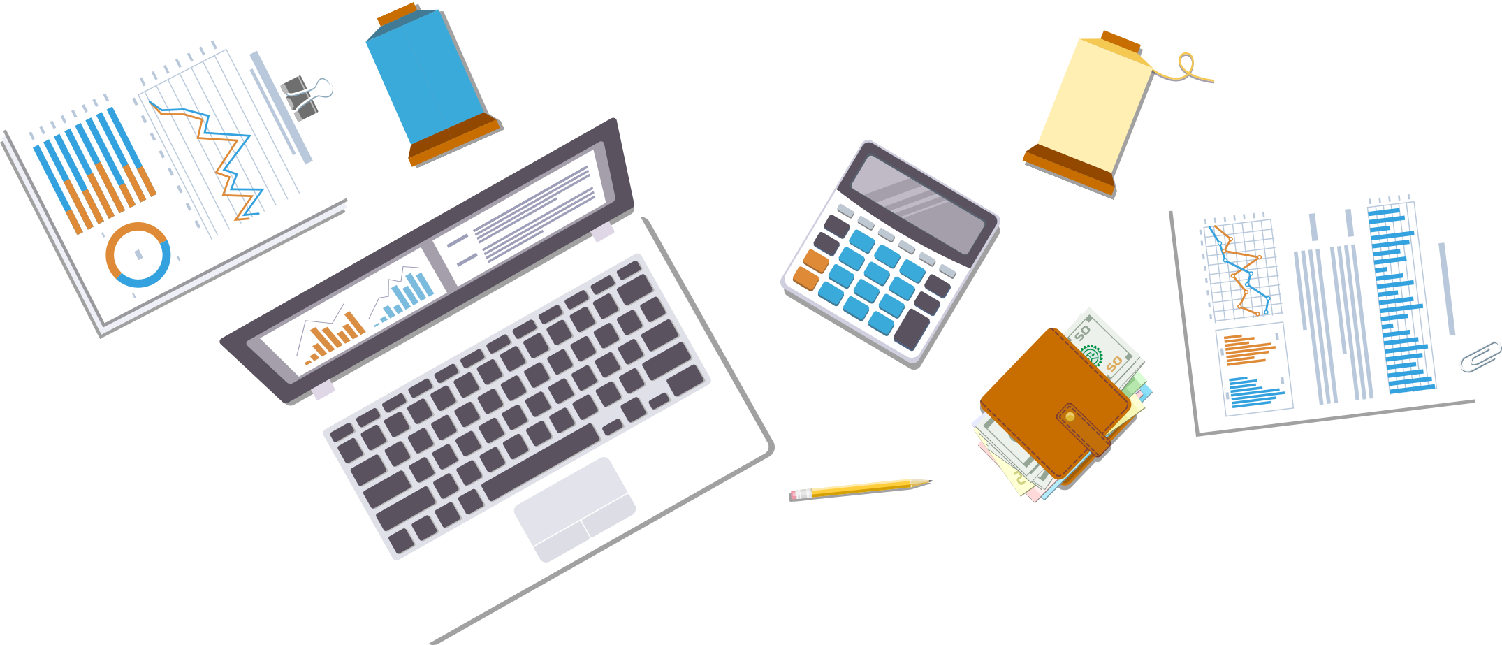 Laptopand Financial Documents Flatlay PNG image