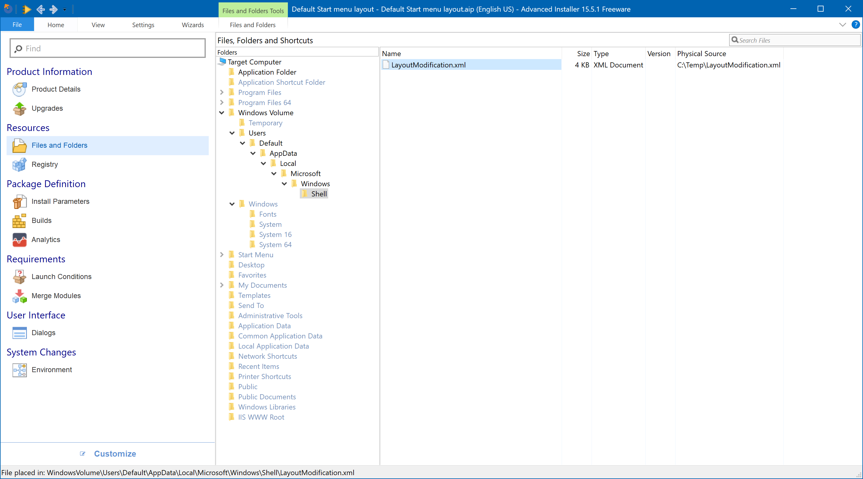 Adding the Start menu layout file to Files and Folders in Advanced Installer