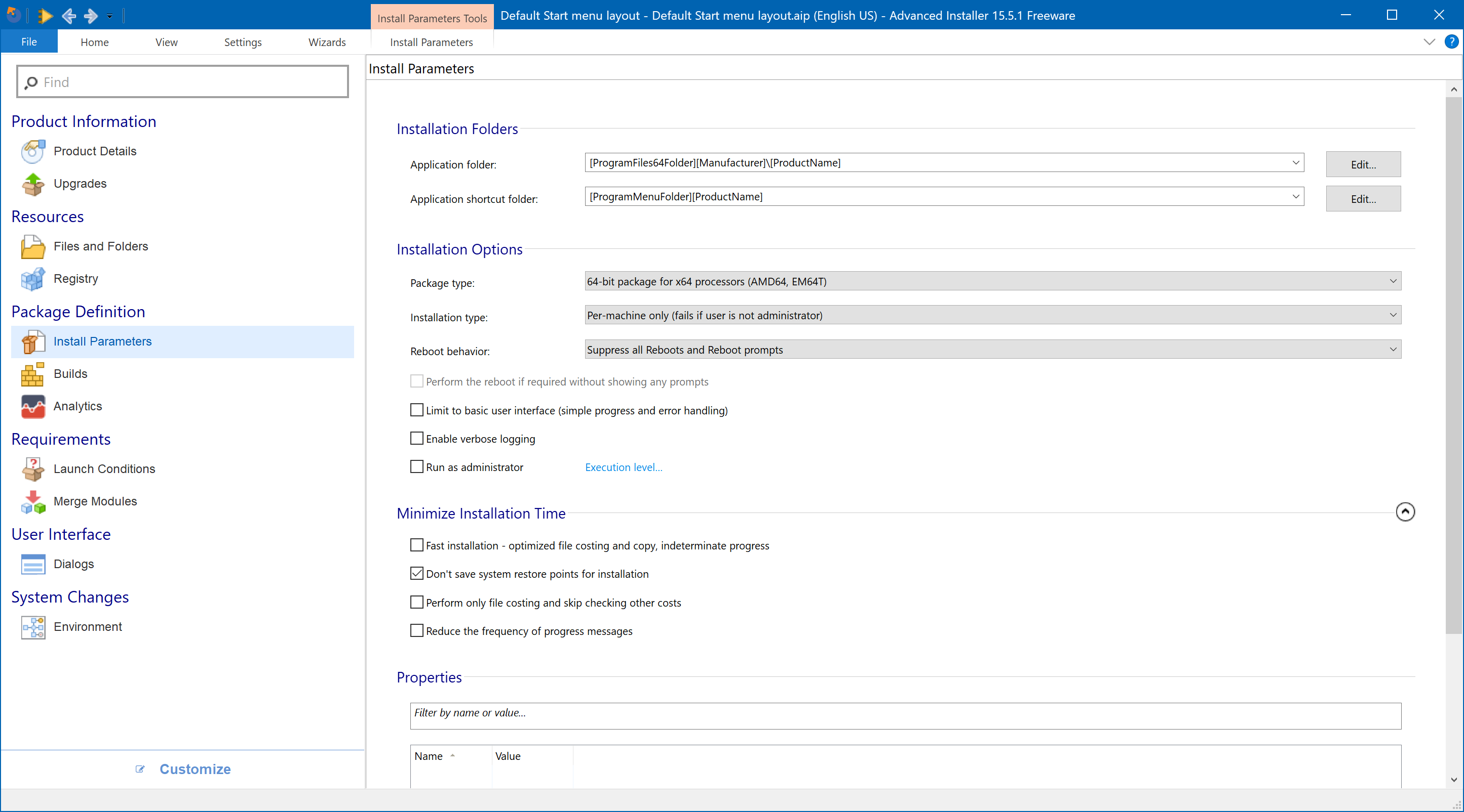 Configure Install Parameters in Advanced Installer