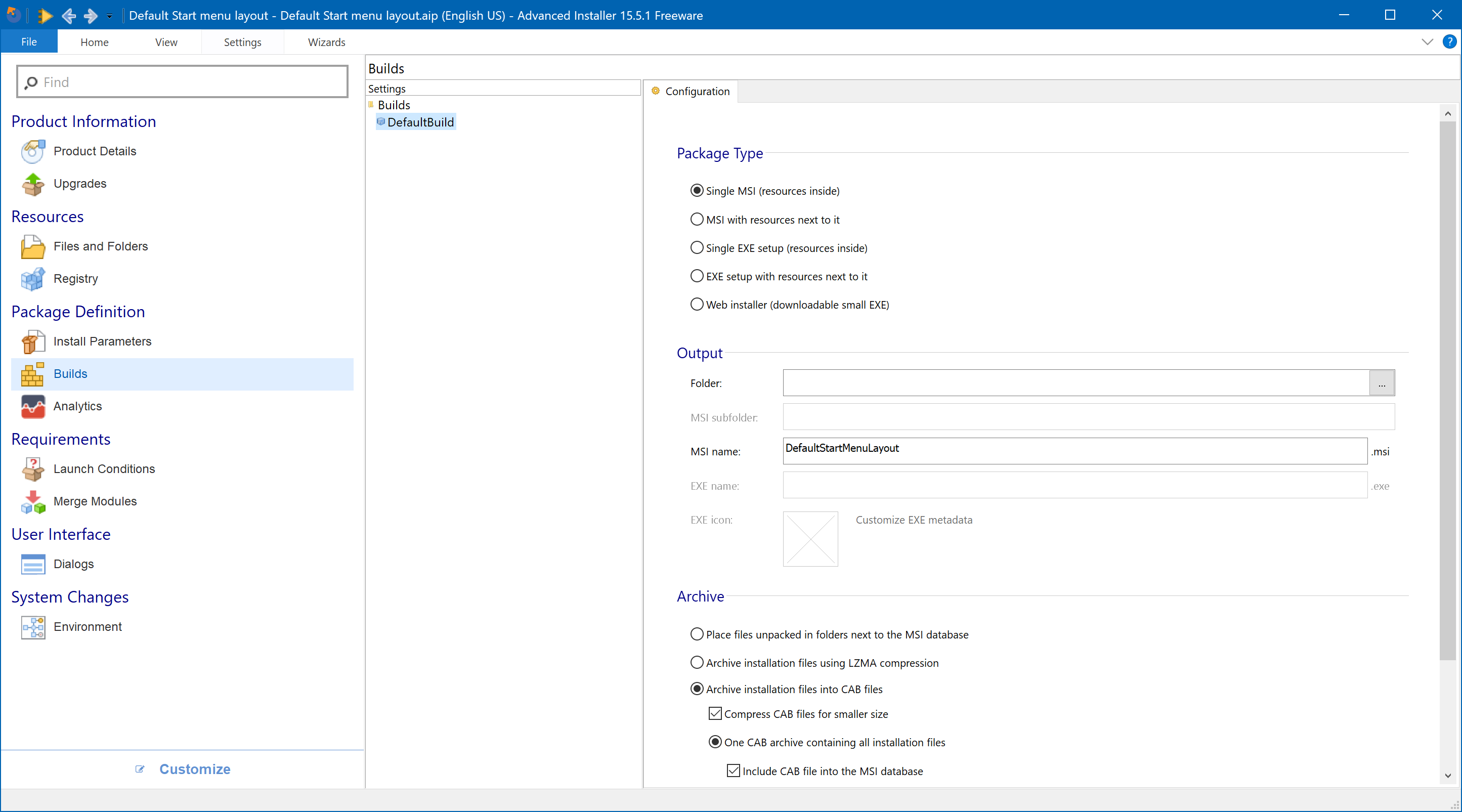 Configure Advanced Installer to build a single MSI file with all resources embedded